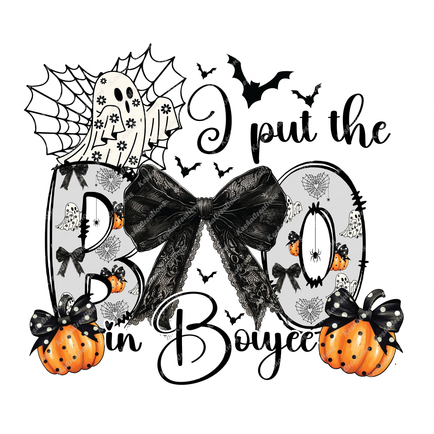 Boo Ghost with Black Bow and Pumpkins | DTF Transfer