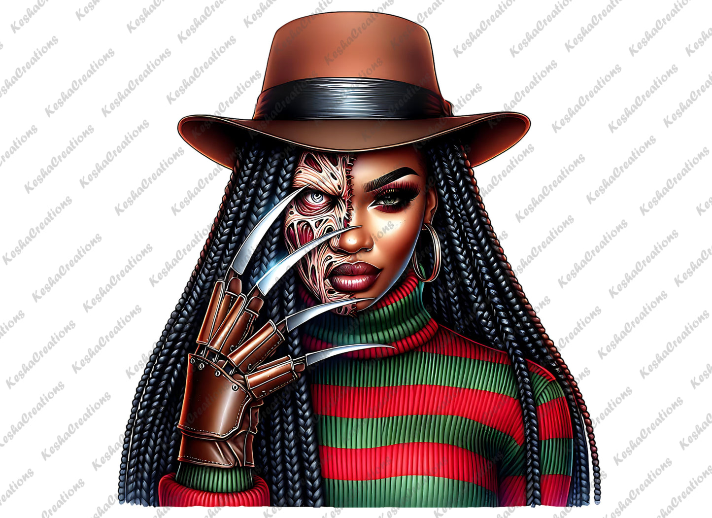 African American female dressed as Freddy Krueger with braided hair, half-burnt face design, wearing a striped sweater, brown hat, and glove with claws