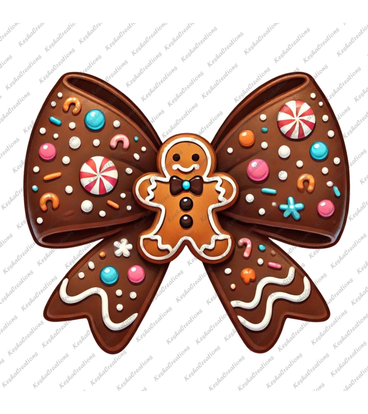 A delightful holiday bow design in gingerbread style, decorated with colorful sprinkles, candy pieces, and a cute gingerbread man in the center.