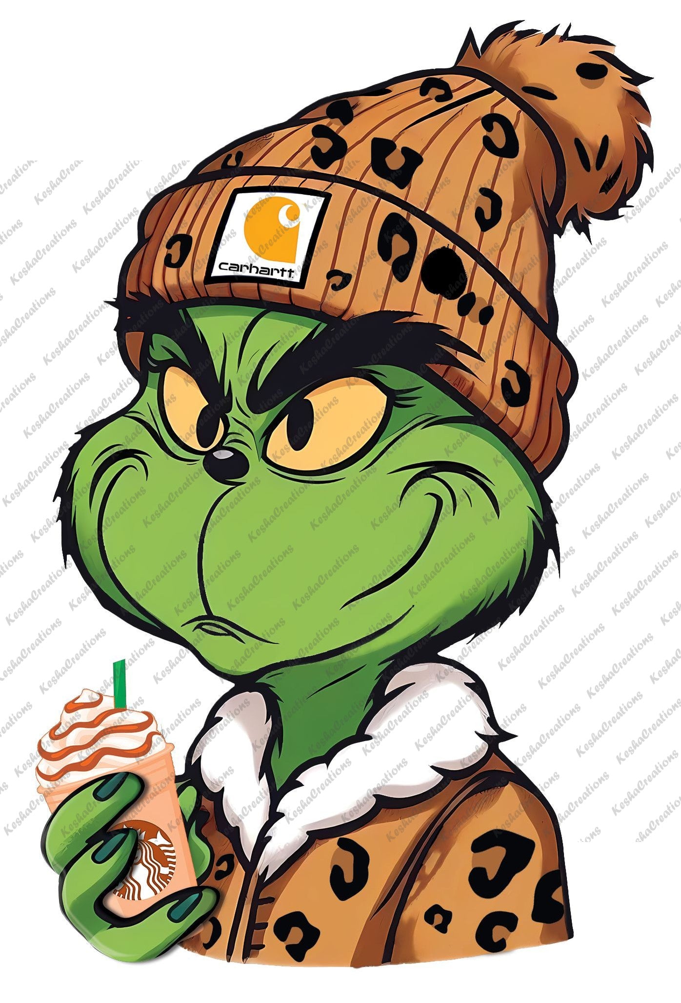 Grinch wearing a leopard-print hoodie and beanie, holding a holiday-themed coffee drink in a to-go cup, with a mischievous expression.