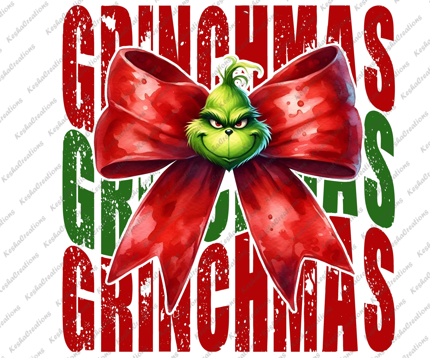The Grinch with a red bow, framed by the text "Grinchmas" in red and green.