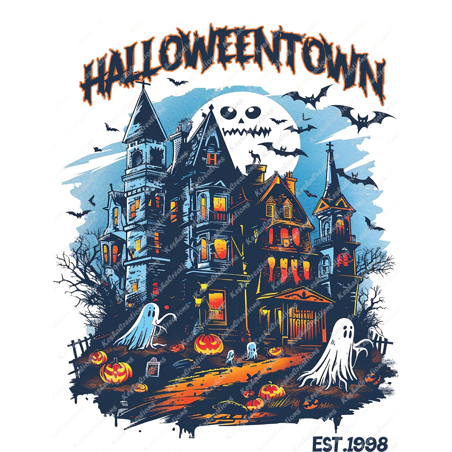 DTF transfer of a spooky mansion with a ghostly full moon, pumpkins, and flying bats, labeled 'Halloweentown.'