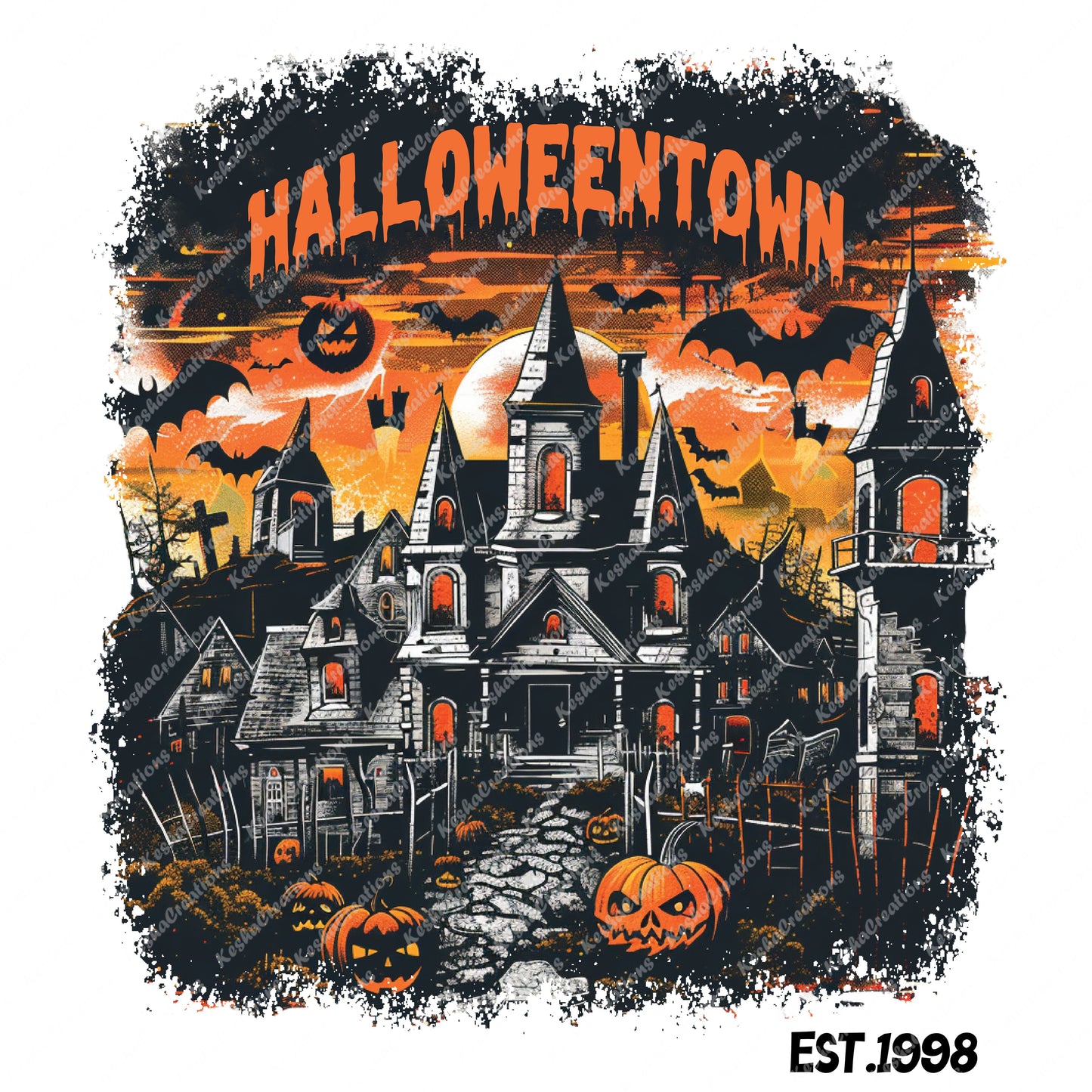DTF transfer showing a village scene with a large jack-o'-lantern statue in front of a building, labeled 'Halloweentown.'