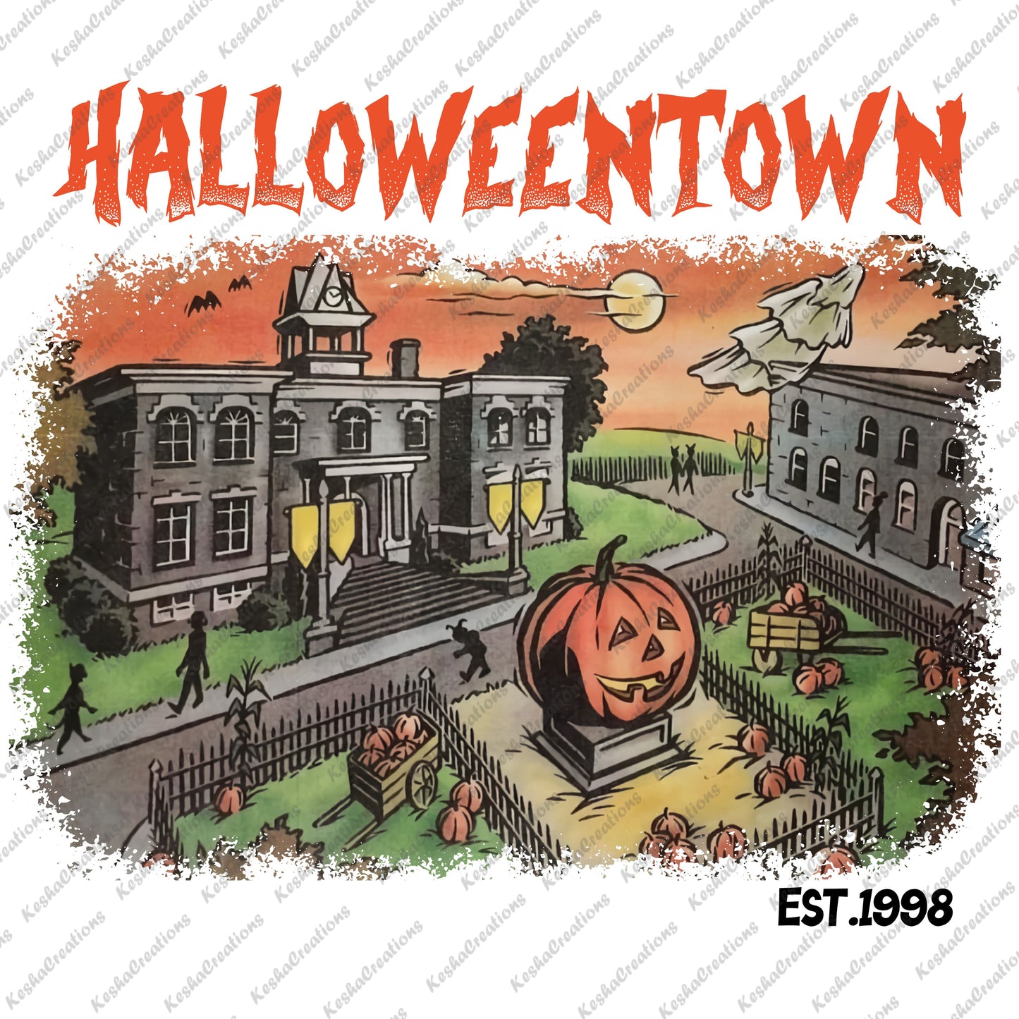 Halloween DTF transfer featuring a haunted house surrounded by pumpkins, bats, and a creepy orange sky, labeled 'Halloweentown.'