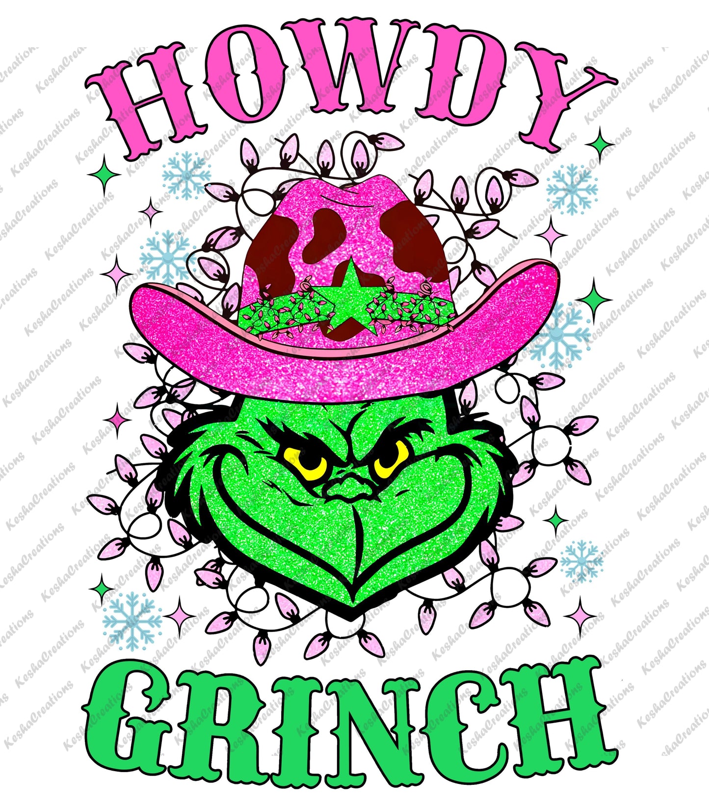 A festive Grinch wearing a pink cowboy hat decorated with holiday lights, with the text "Howdy Grinch."