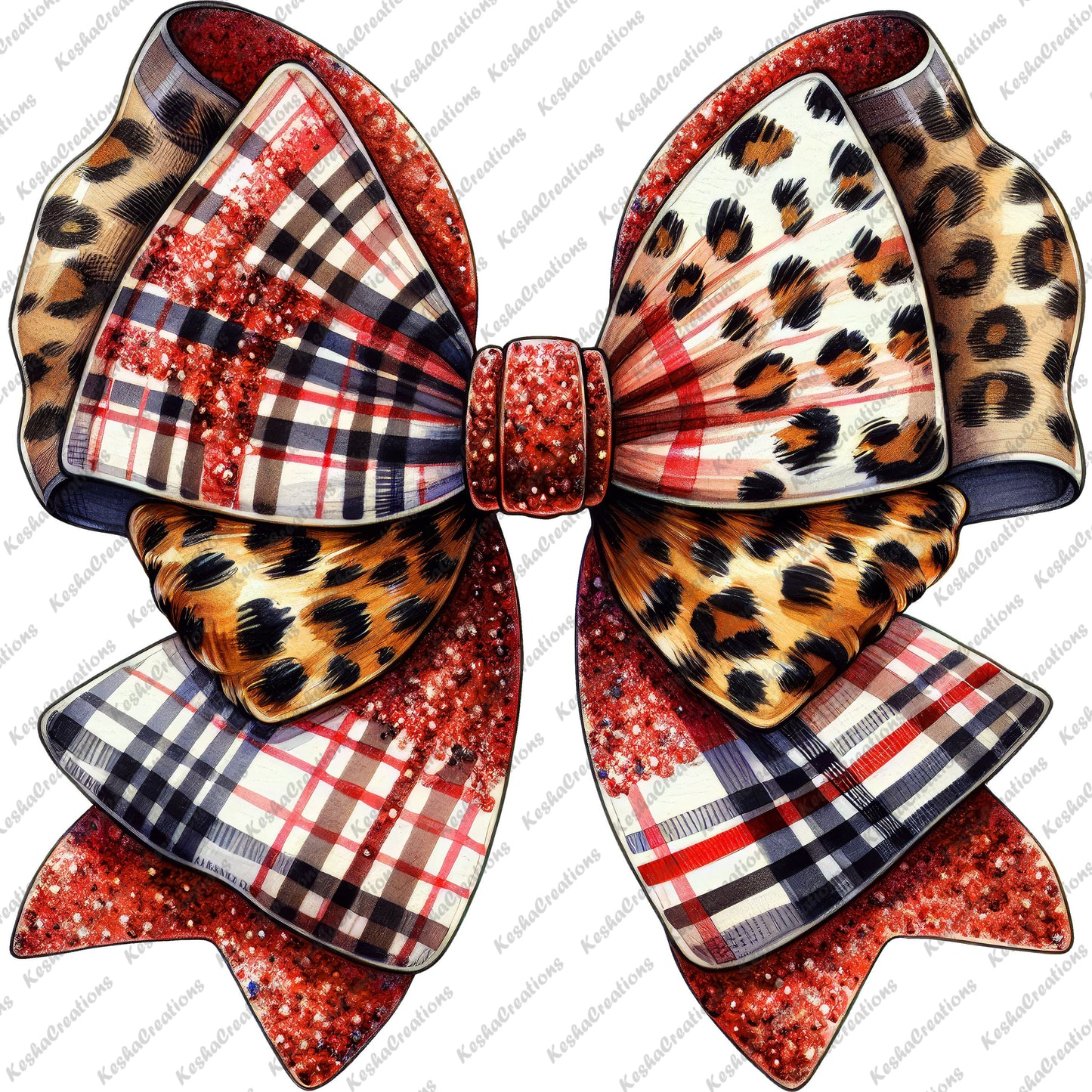 a large decorative bow with layers of leopard print, buffalo plaid, and glitter accents, creating a bold and festive look perfect for holiday season style.
