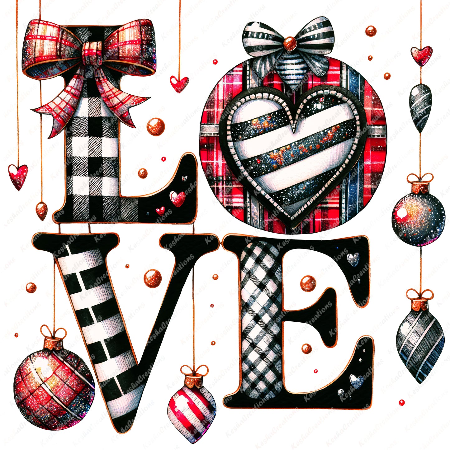 Buffalo plaid-themed 'LOVE' text with Christmas ornaments and hearts hanging, featuring checkered patterns in red, white, and black.
