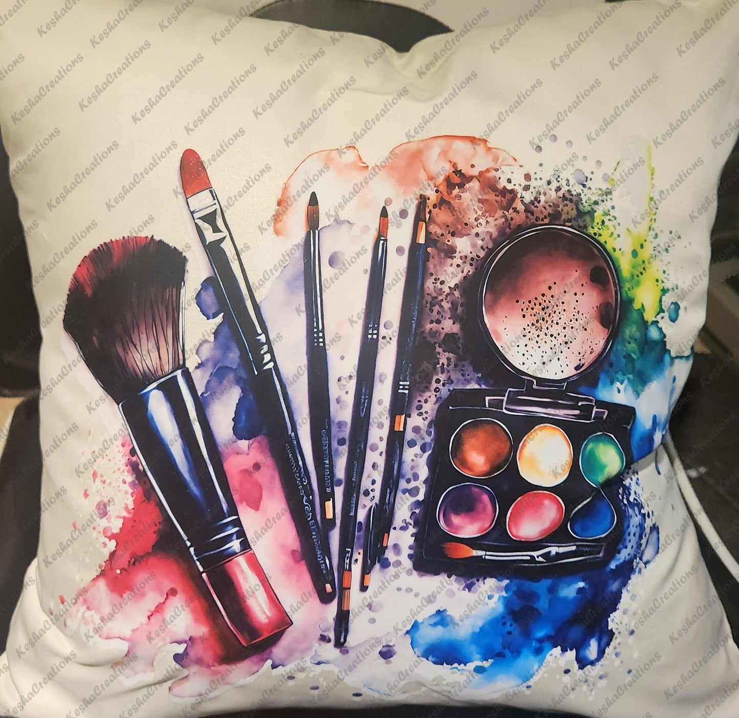 A vibrant DTF transfer displaying makeup essentials, including brushes, lipsticks, and a colorful eyeshadow palette, painted in a splash of colors.