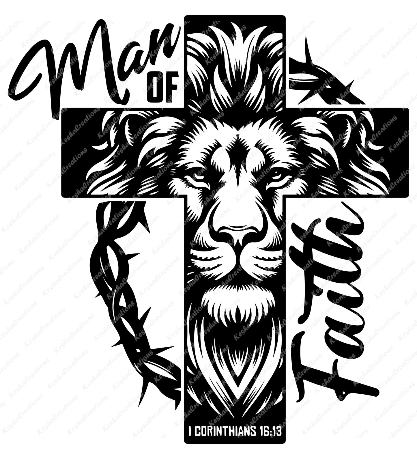 DTF transfer design featuring a strong lion with the phrase 'Man of Faith' and the Bible verse 1 Corinthians 16:13.