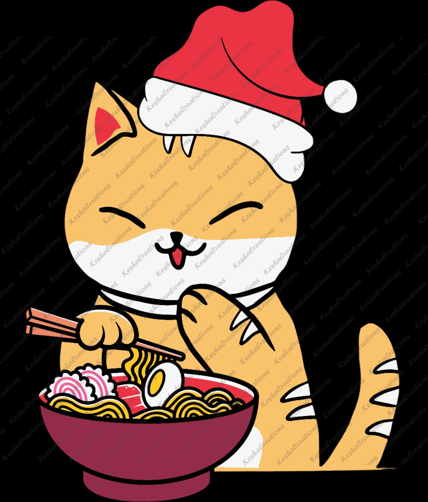 DTF transfer design featuring a cute cat wearing a Santa hat while eating a bowl of ramen