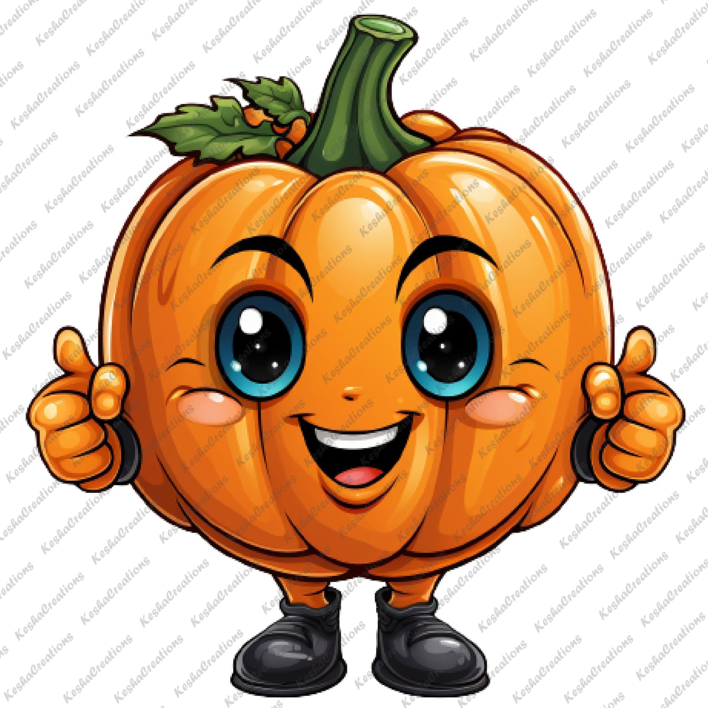 Cute illustration of a happy pumpkin character with big blue eyes, giving two thumbs up and wearing black boots, set against a transparent background.