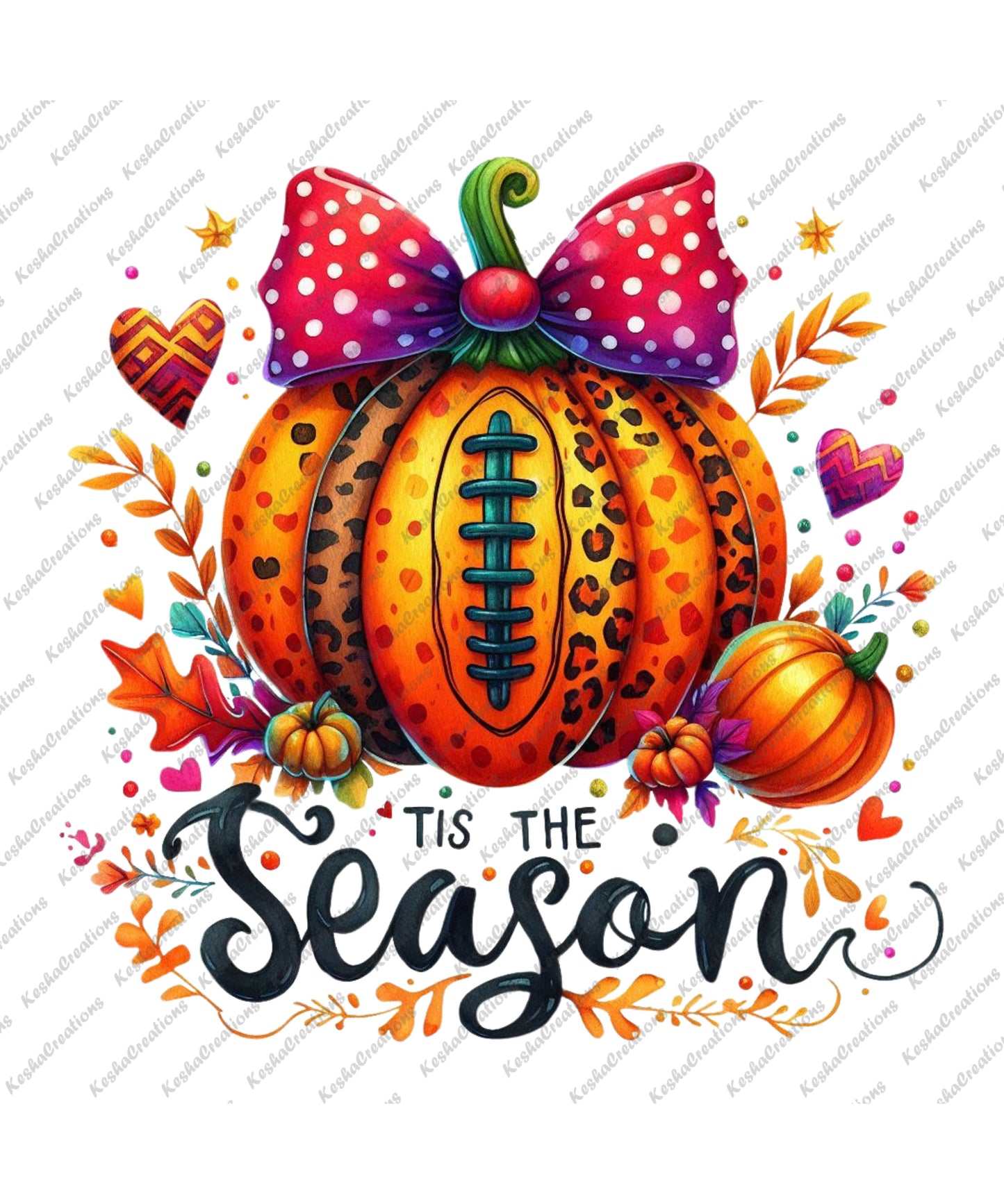 A bright fall-themed pumpkin decorated with leopard spots and football stitching, topped with a large red polka-dot bow, surrounded by autumn leaves, hearts, and mini pumpkins, with the text "Tis the Season" in decorative script.