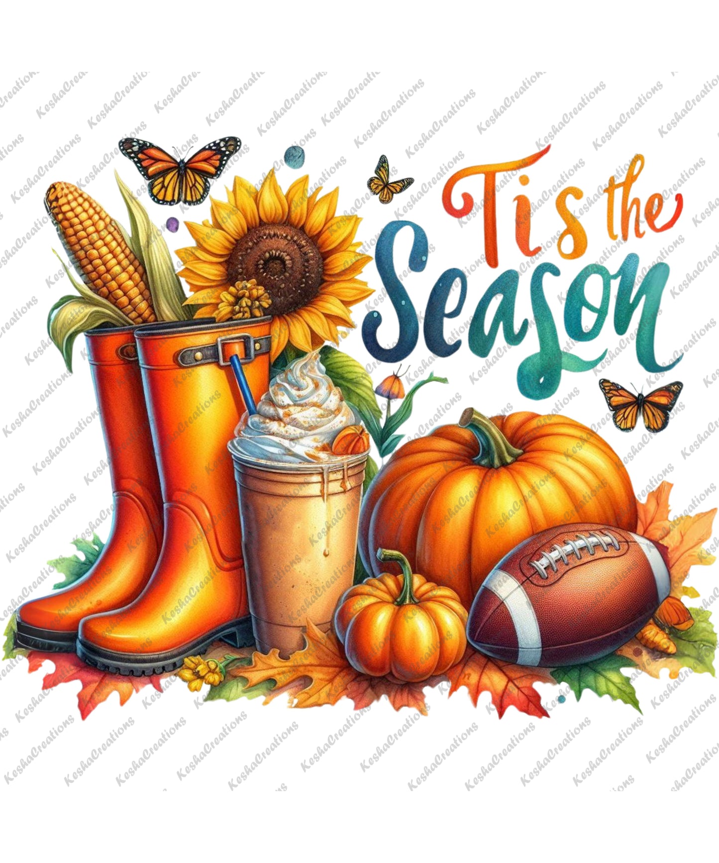An autumn design featuring orange boots, a sunflower, corn, pumpkins, a football, and a whipped cream-topped drink, with butterflies flying around and the text "Tis the Season" in colorful cursive.