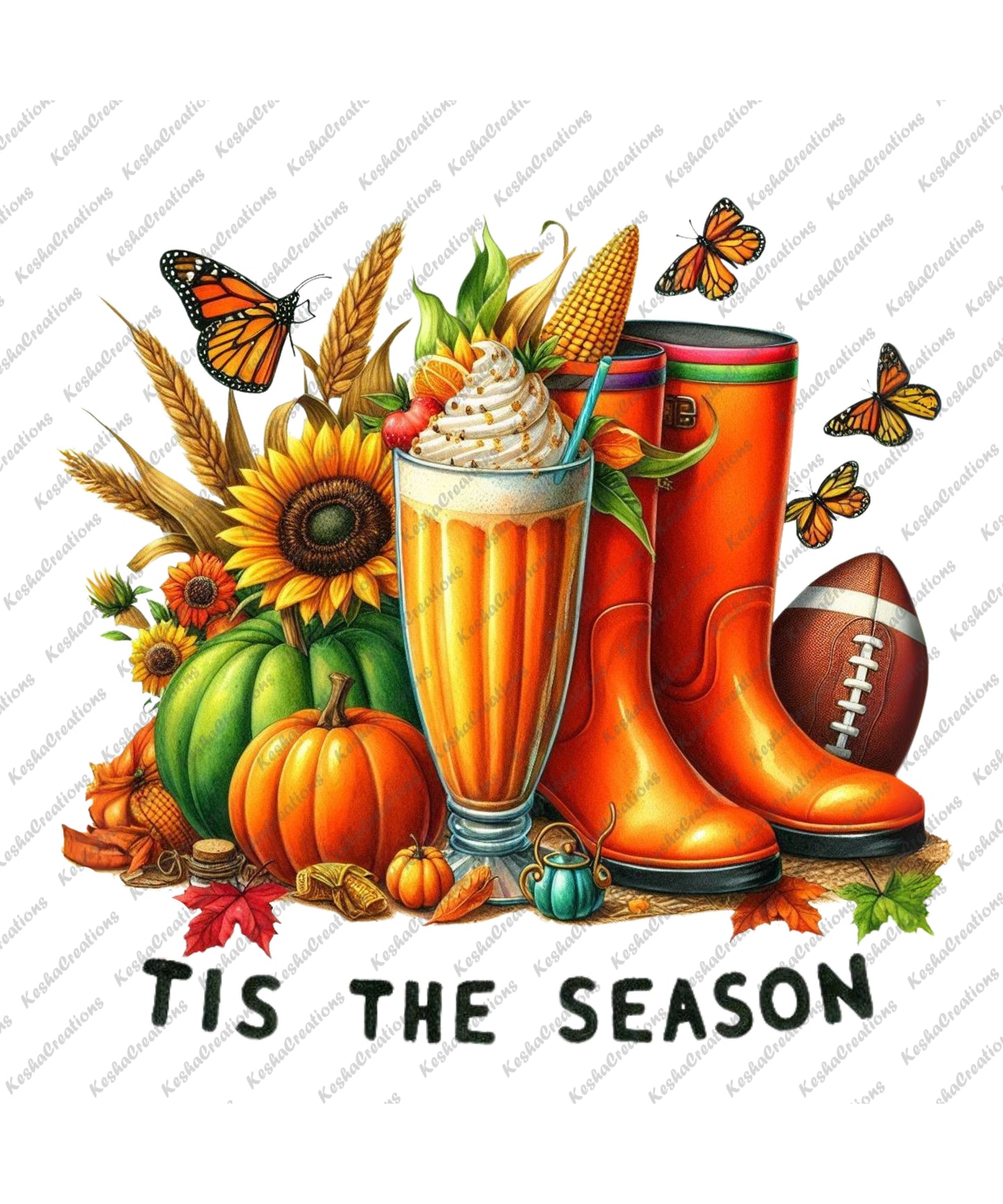 A colorful fall scene with orange boots, sunflowers, a corn cob, various pumpkins, a football, and a tall whipped cream drink, with butterflies and the text "Tis the Season" in bold lettering.