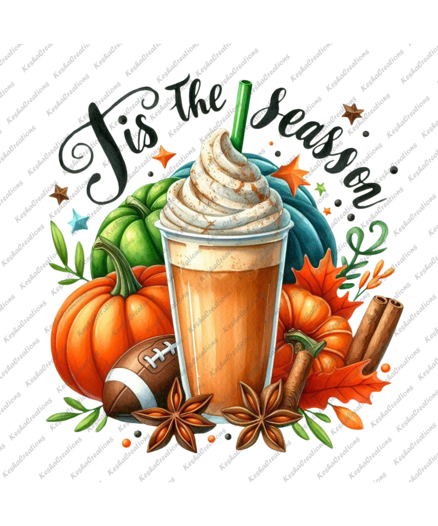 An illustration with various pumpkins, a football, a cinnamon-spiced drink, and autumn leaves, with the text "Tis the Season" in playful cursive.