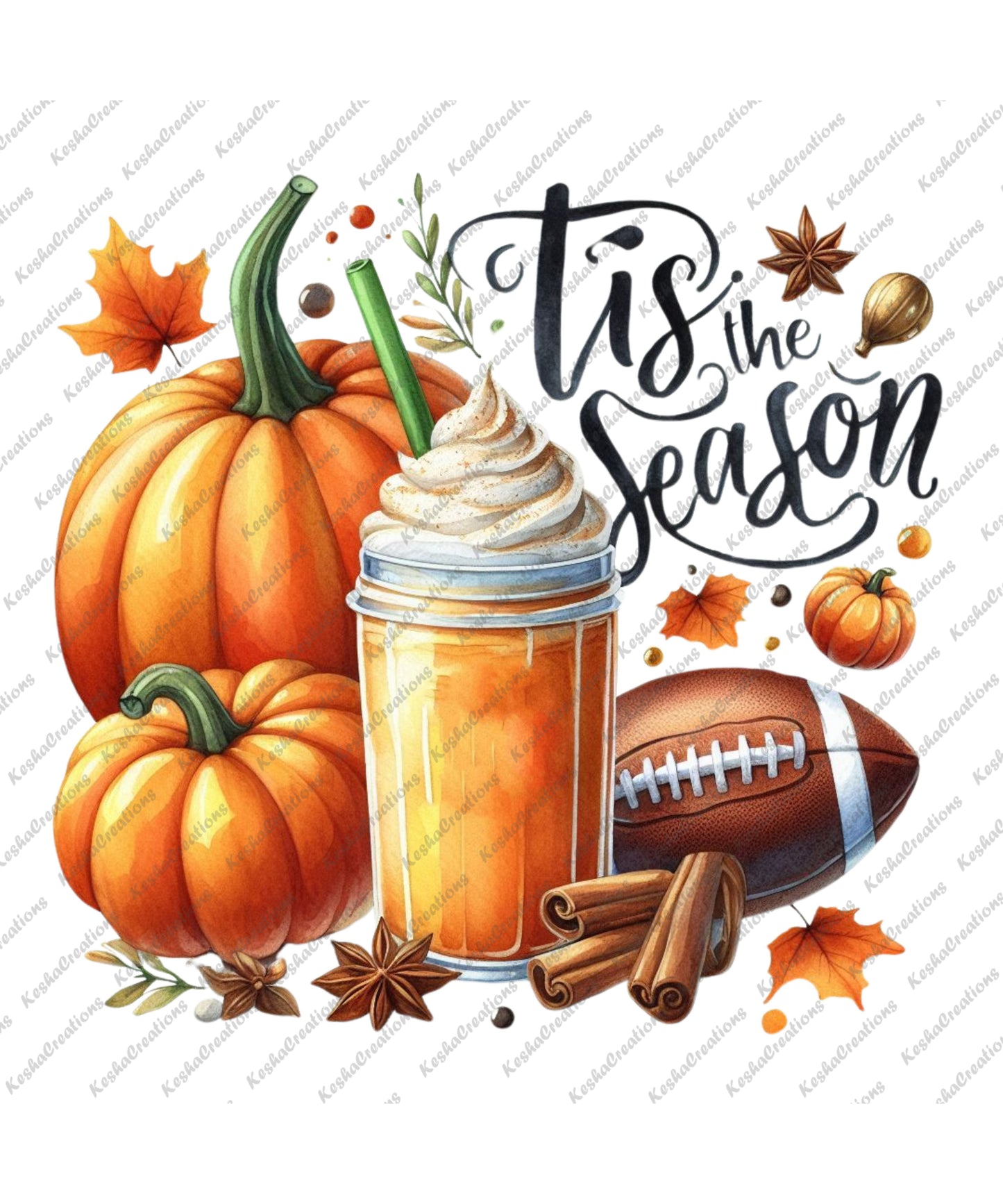 An autumn-inspired design featuring a pumpkin latte, cinnamon sticks, pumpkins, and a football, with the text "Tis the Season" in bold, swirling letters.