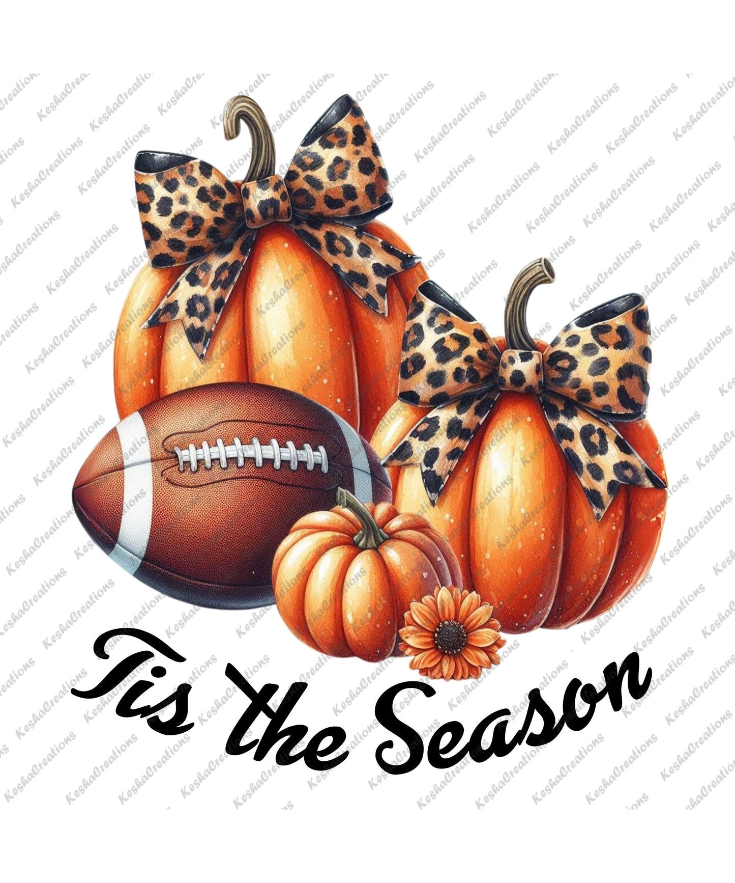 Two pumpkins topped with leopard-print bows, accompanied by a football, a small pumpkin, and a sunflower, set against a plain background.