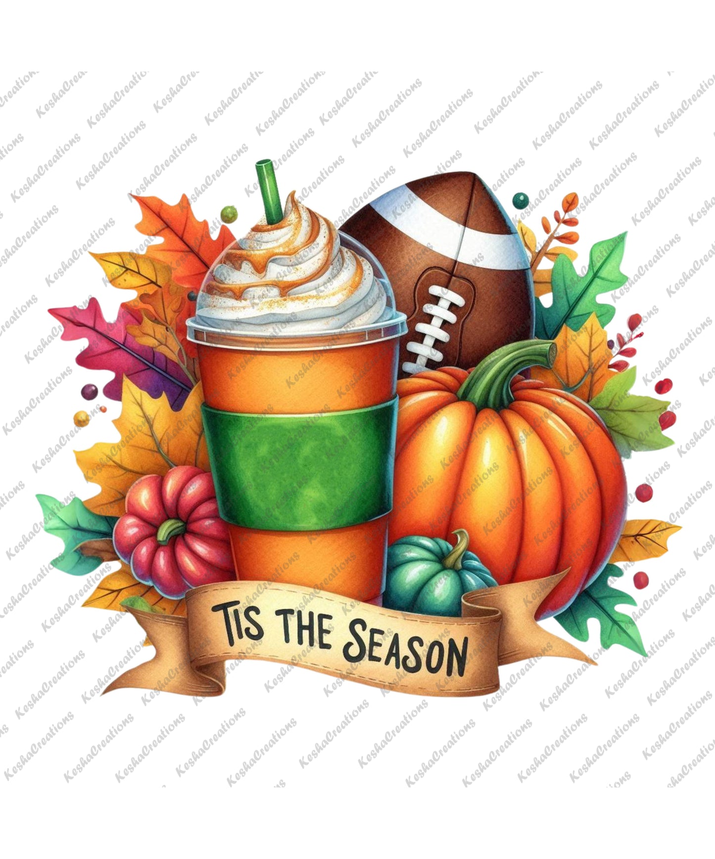 An autumn design featuring a whipped cream-topped drink in an orange cup, surrounded by pumpkins, a football, and colorful leaves, with the text "Tis the Season" on a banner.