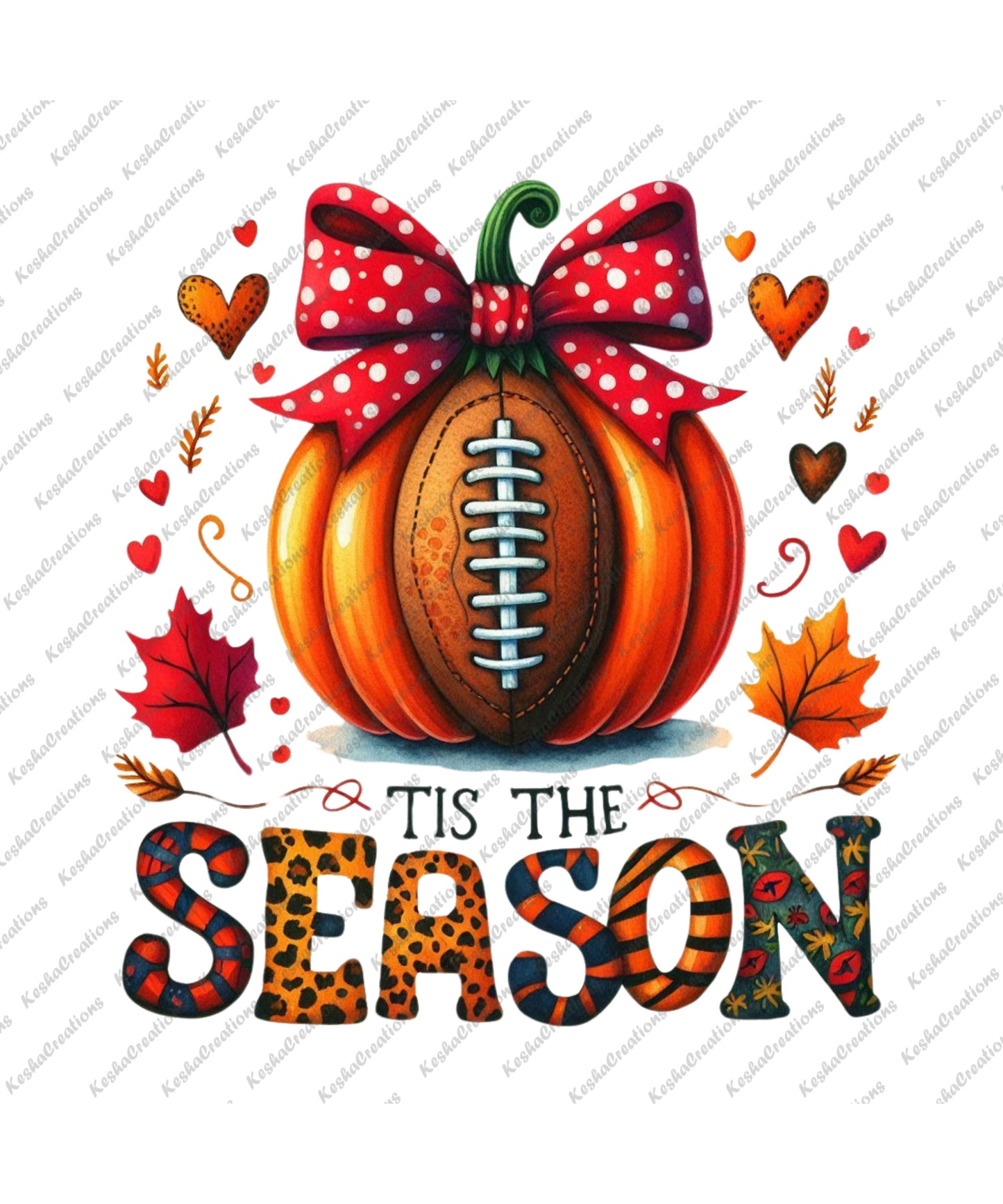 An illustrated pumpkin with football stitching, decorated with a red polka-dot bow, surrounded by autumn leaves and hearts, with the text "Tis the Season" in playful patterns.