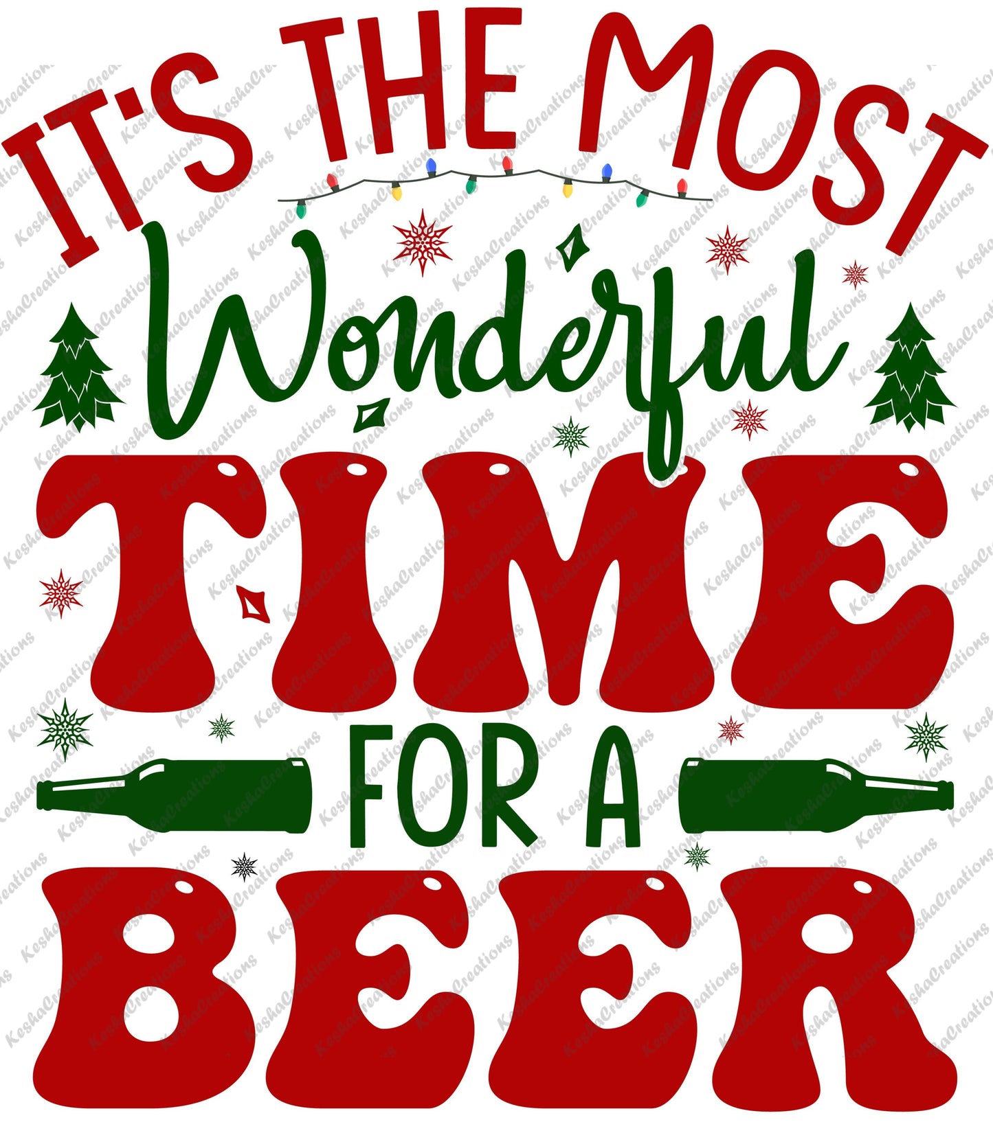 A holiday-themed graphic with the text “It’s the Most Wonderful Time for a Beer” in red and green with festive decorations.