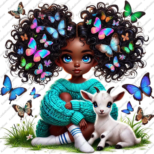 Chibi Black girl with colorful butterfly afro wearing a teal sweater, sitting next to a baby goat.