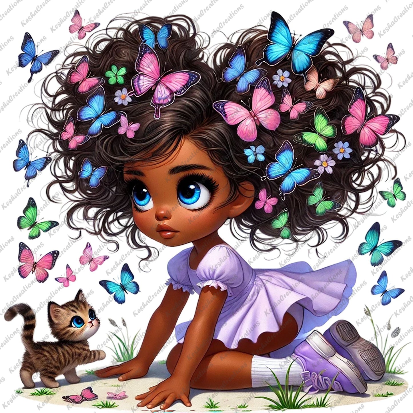 Chibi Black girl in a lavender dress with colorful butterfly afro, crawling beside a kitten.