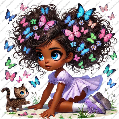 Chibi Black girl in a lavender dress with colorful butterfly afro, crawling beside a kitten.