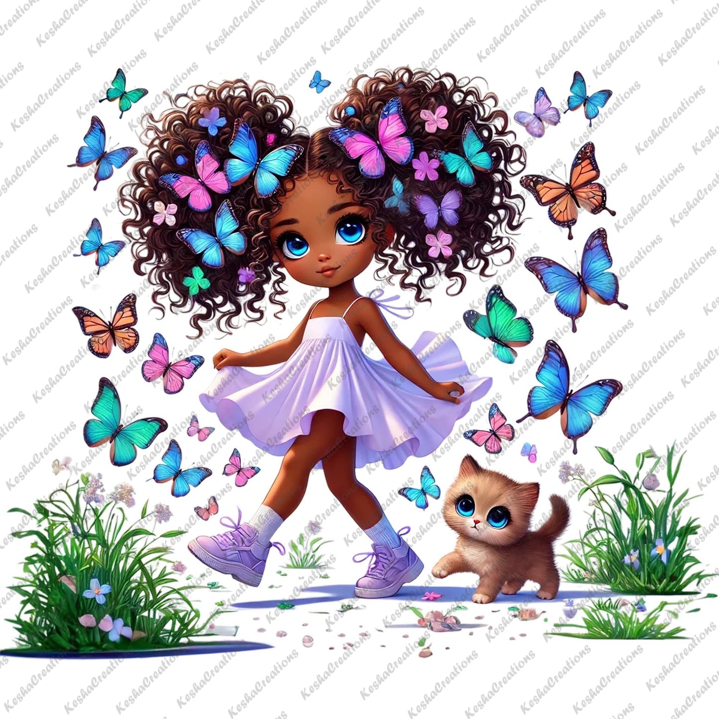 Chibi Black girl with a colorful butterfly afro in a purple dress, walking through a puddle beside a kitten.