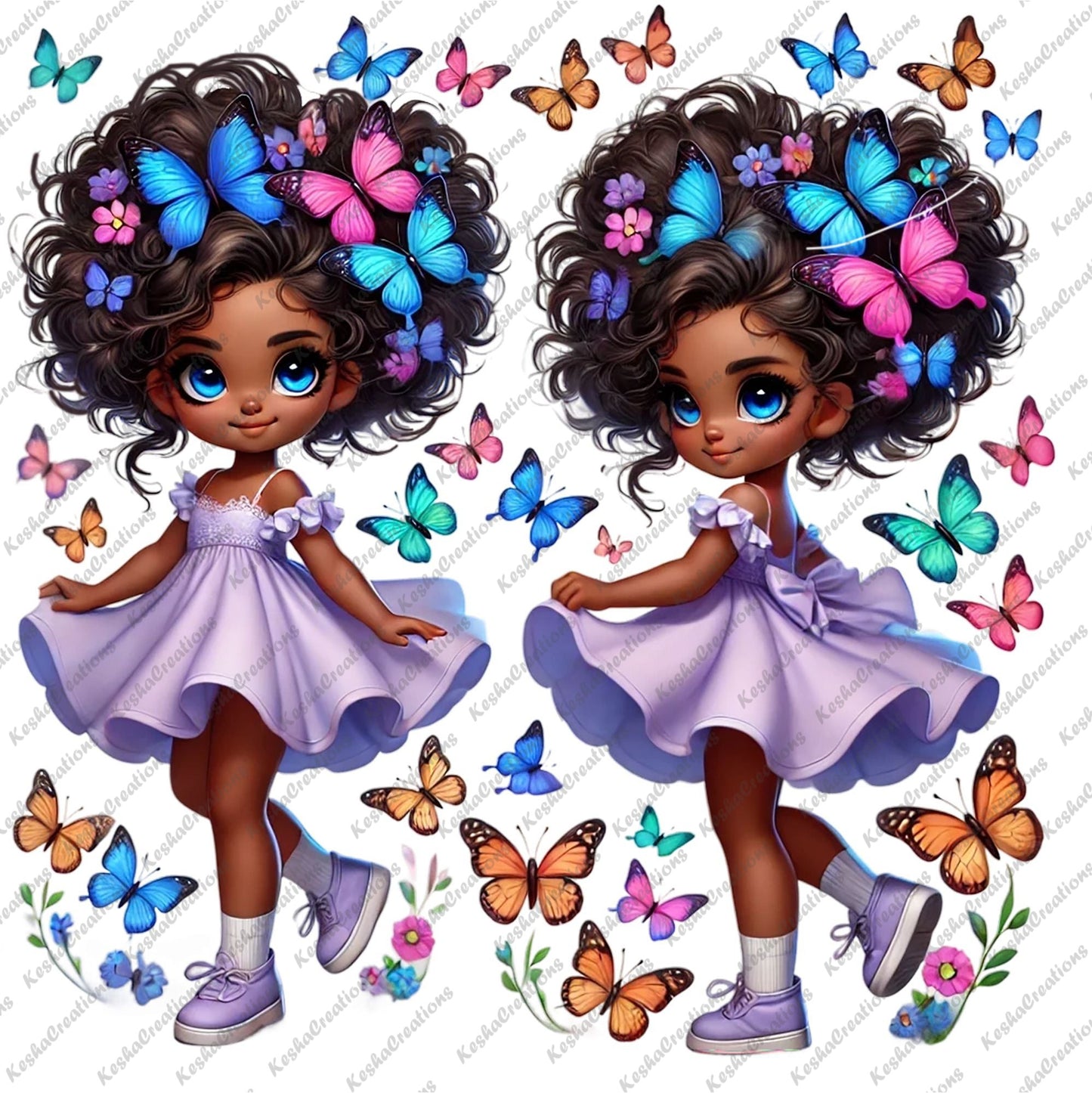 Two Chibi Black girls wearing lavender dresses, each with a colorful butterfly afro, standing side by side with butterflies surrounding them.