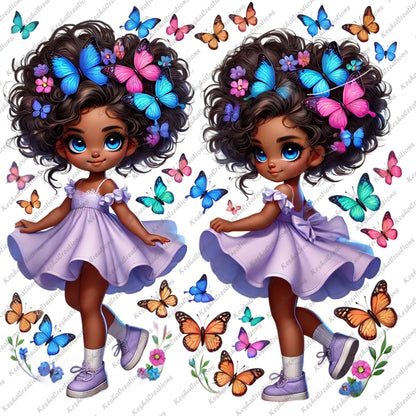 Two Chibi Black girls wearing lavender dresses, each with a colorful butterfly afro, standing side by side with butterflies surrounding them.