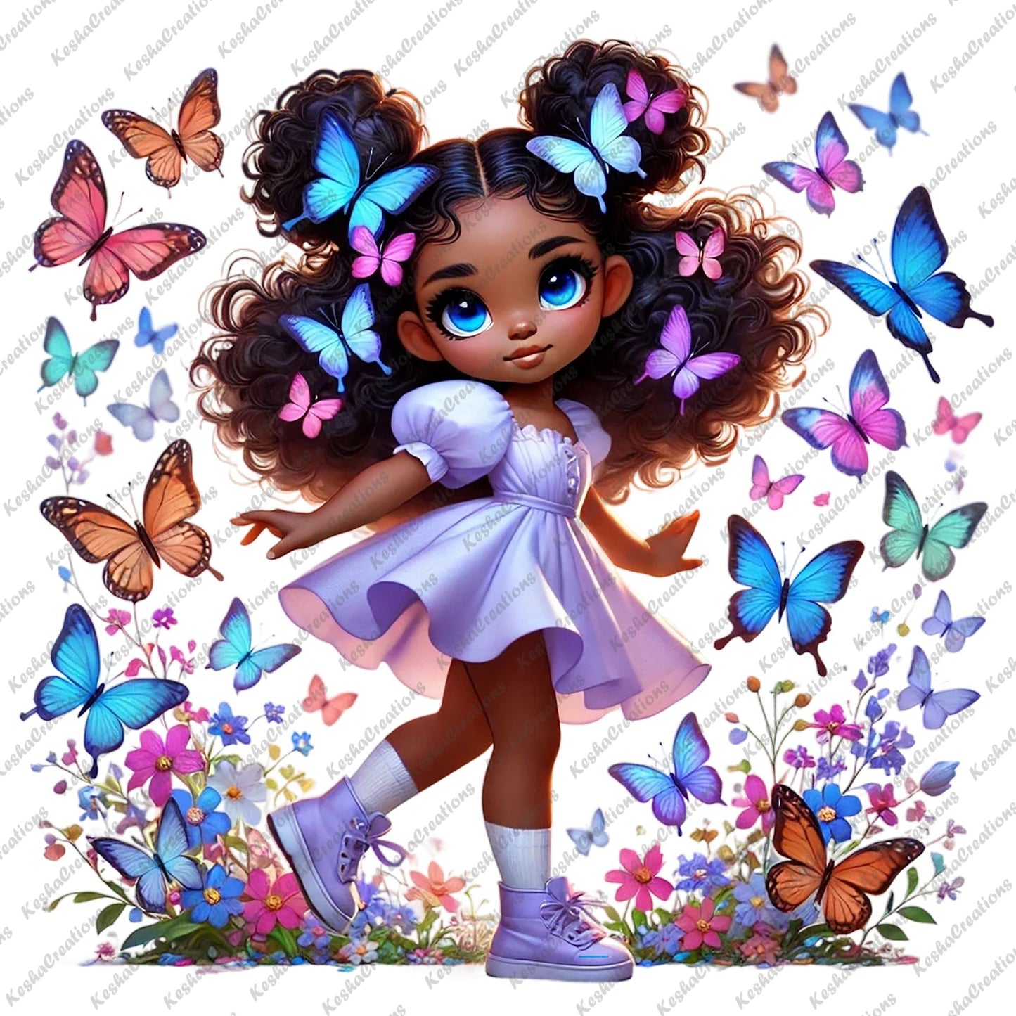 Chibi Black girl with double puff butterfly afro in a lavender dress, surrounded by colorful butterflies and flowers.