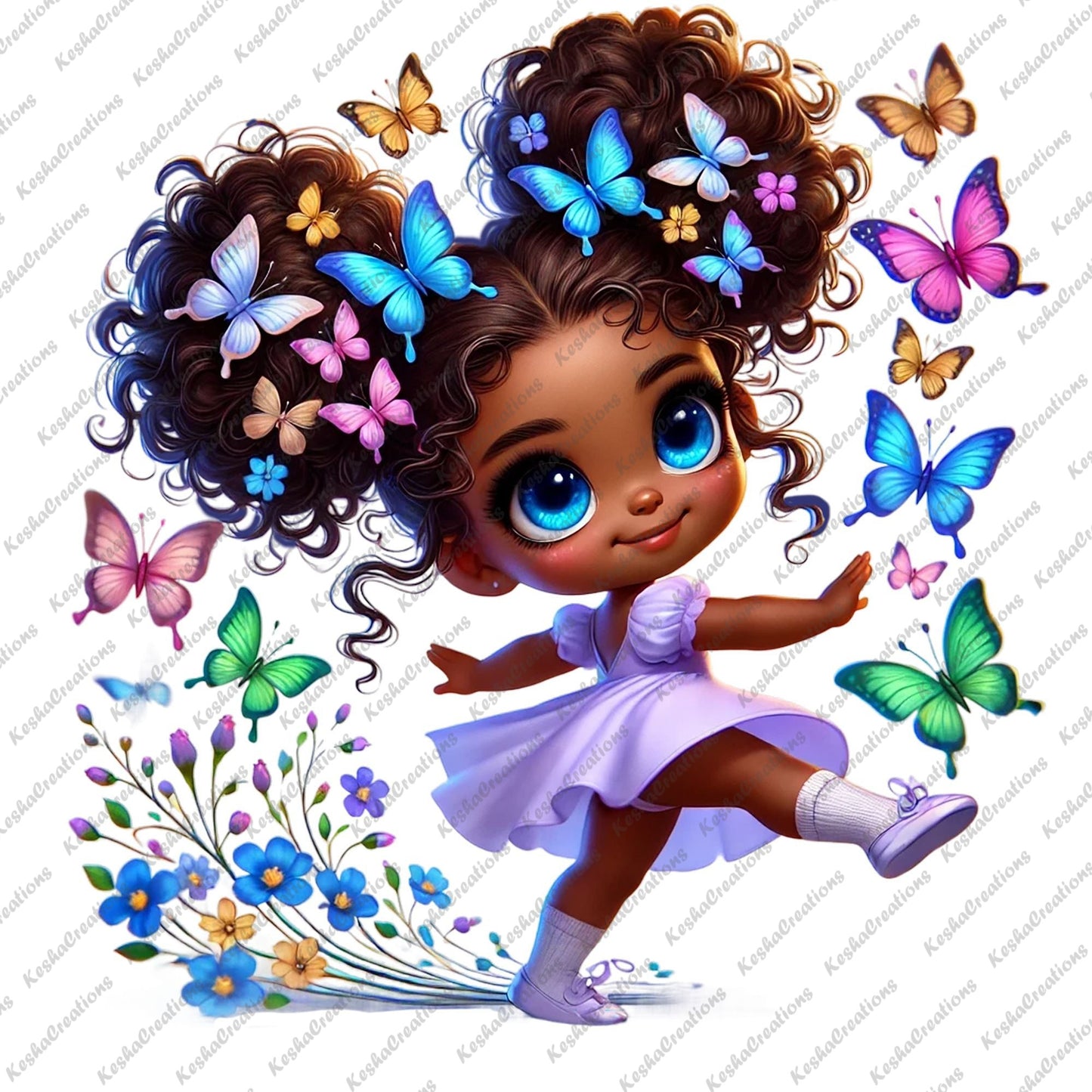 Chibi Black girl with double puff butterfly afro, wearing a lavender dress, dancing among blue and pink flowers and butterflies.