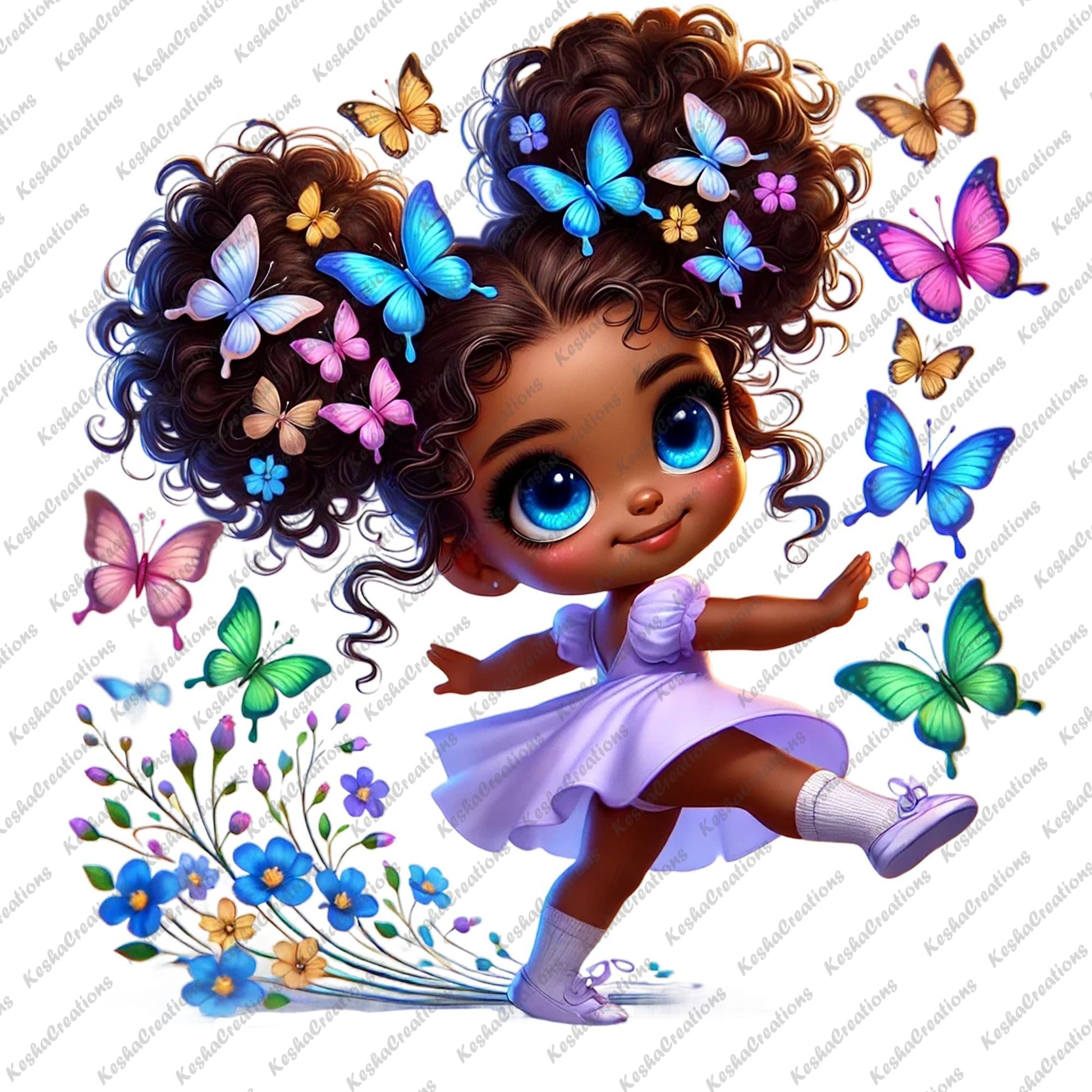Chibi Black girl with double puff butterfly afro, wearing a lavender dress, dancing among blue and pink flowers and butterflies.
