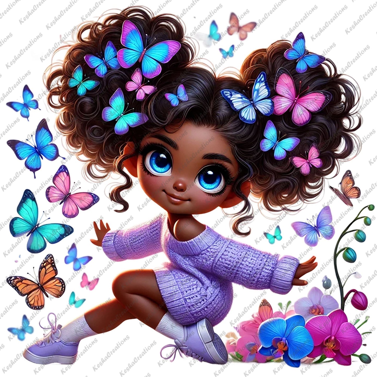 Chibi Black girl with double puff butterfly afro in a lavender sweater, sitting next to vibrant orchids and surrounded by colorful butterflies.