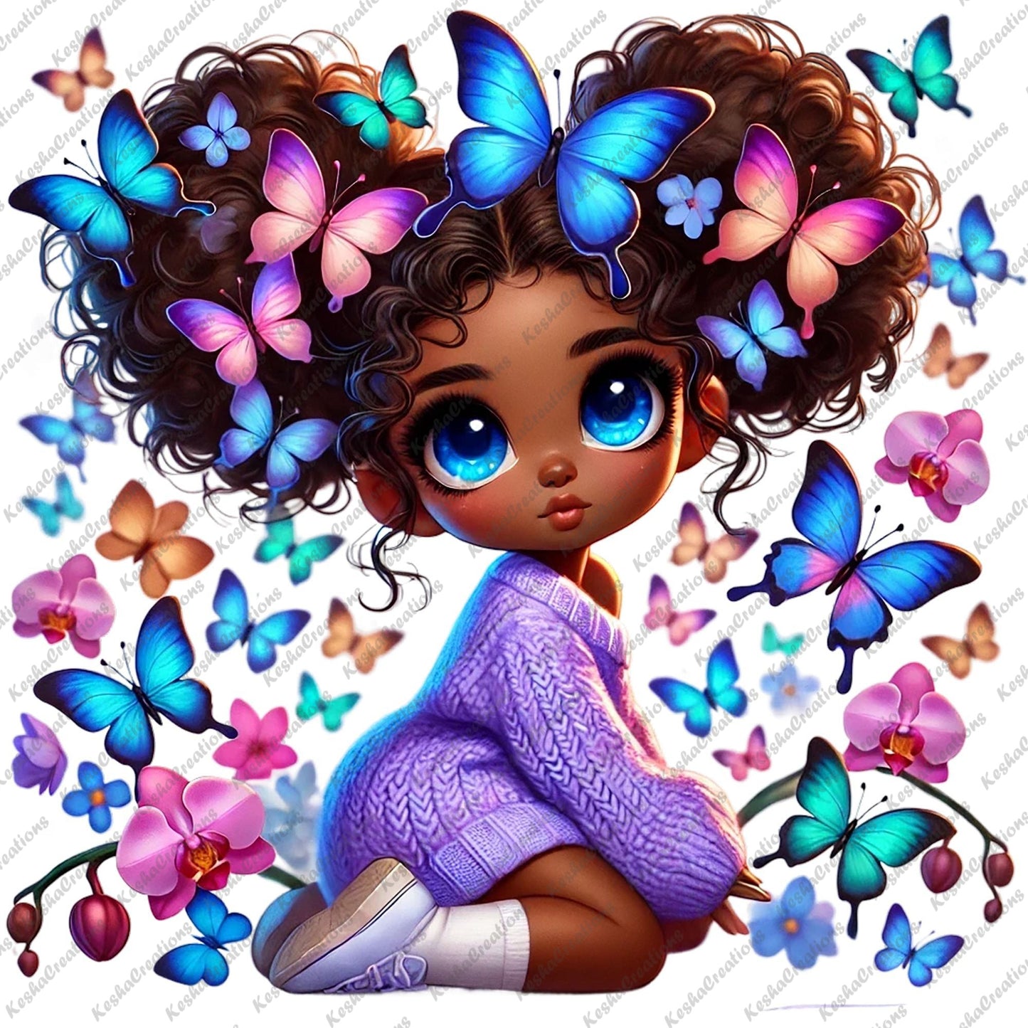 Chibi Black girl with double puff butterfly afro in a lavender sweater, kneeling amidst blue and pink orchids, with colorful butterflies around.