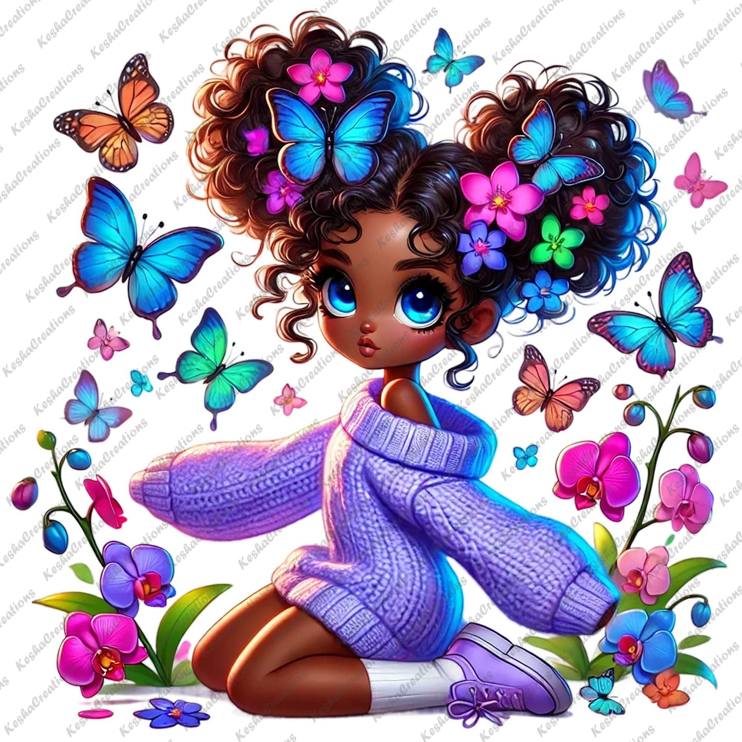 Chibi Black girl with double puff butterfly afro wearing a lavender sweater, sitting among a garden of colorful orchids and butterflies.