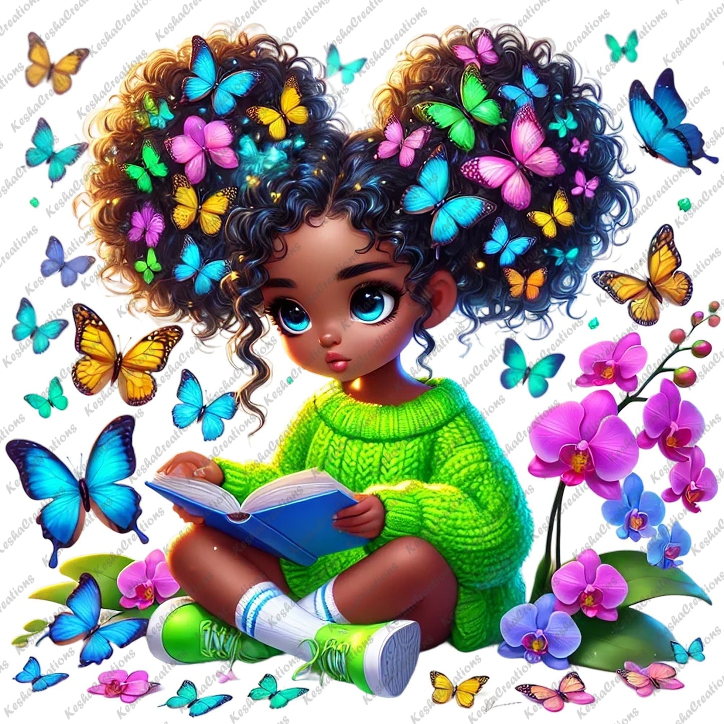 Chibi Black girl with colorful butterfly afro puffs reading a book in a neon green sweater, surrounded by vibrant orchids and butterflies.