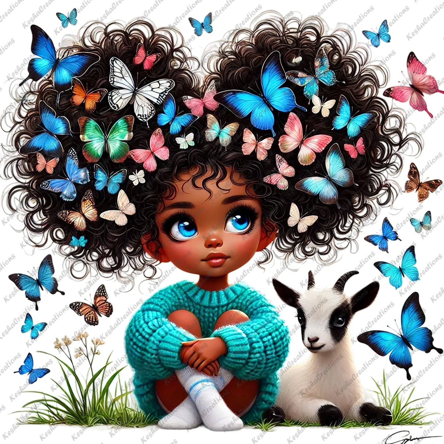 Chibi Black girl with a heart-shaped butterfly afro wearing a teal sweater, sitting beside a baby goat.