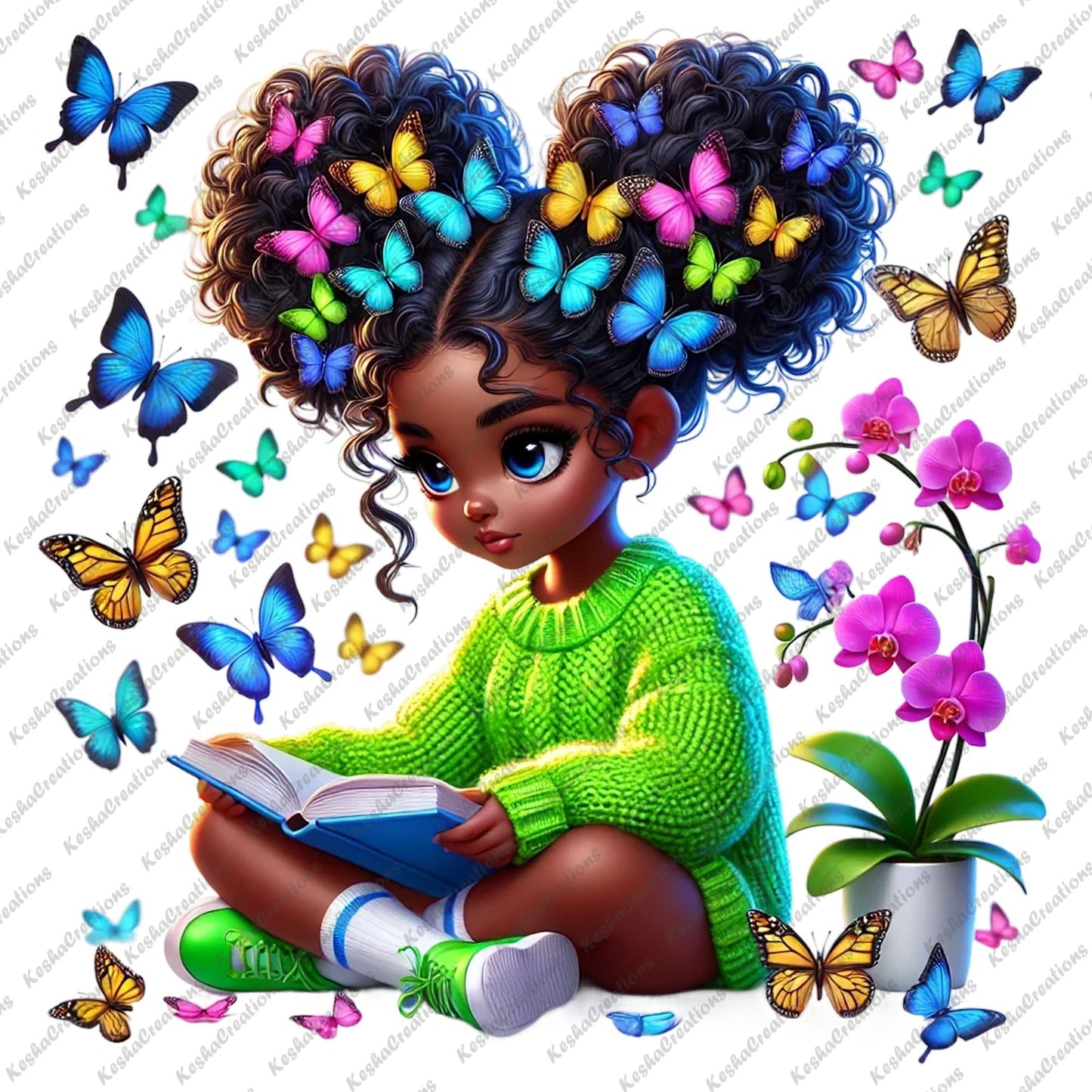 Chibi Afro Black Girls Collection 2: Designs 14-26 | Colorful Butterflies and Cute Animals | DTF Transfers