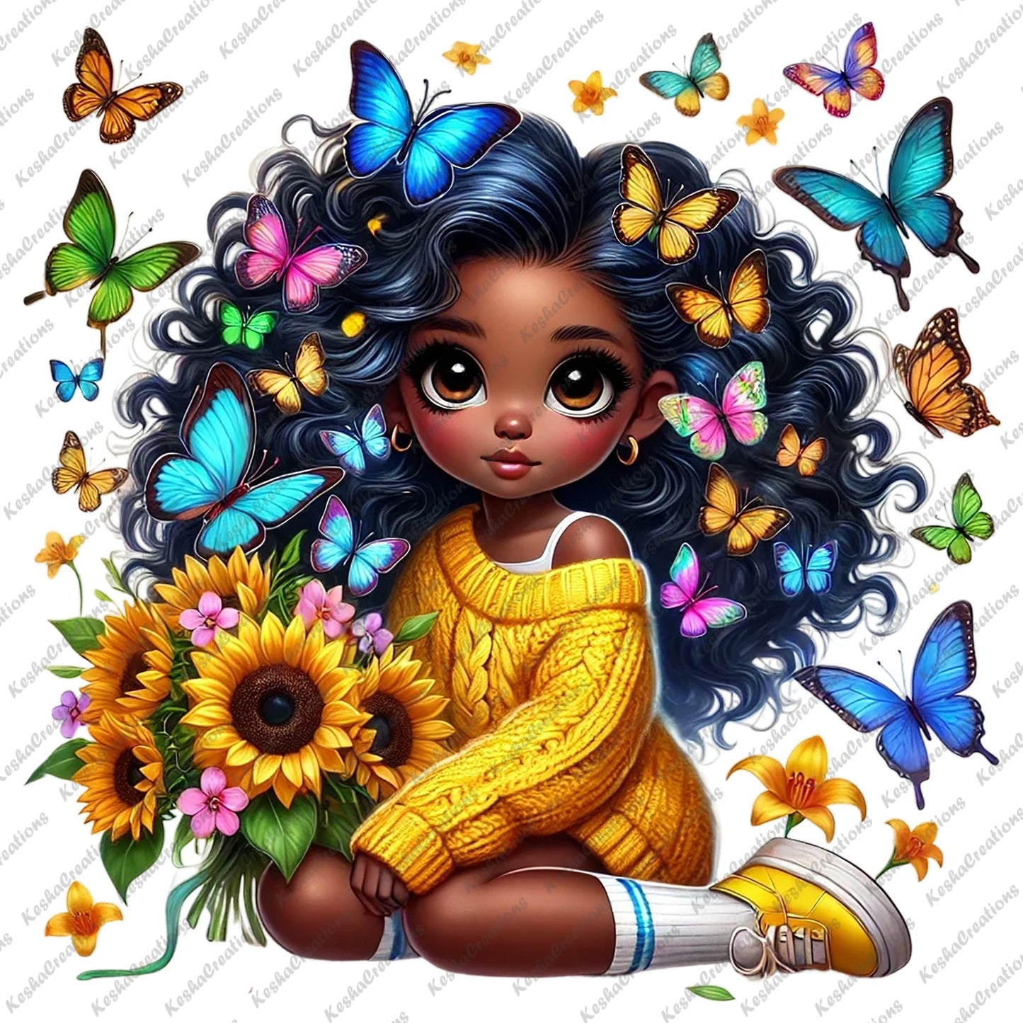 Chibi Black girl with voluminous butterfly afro, holding sunflowers, wearing a yellow sweater, and surrounded by butterflies.