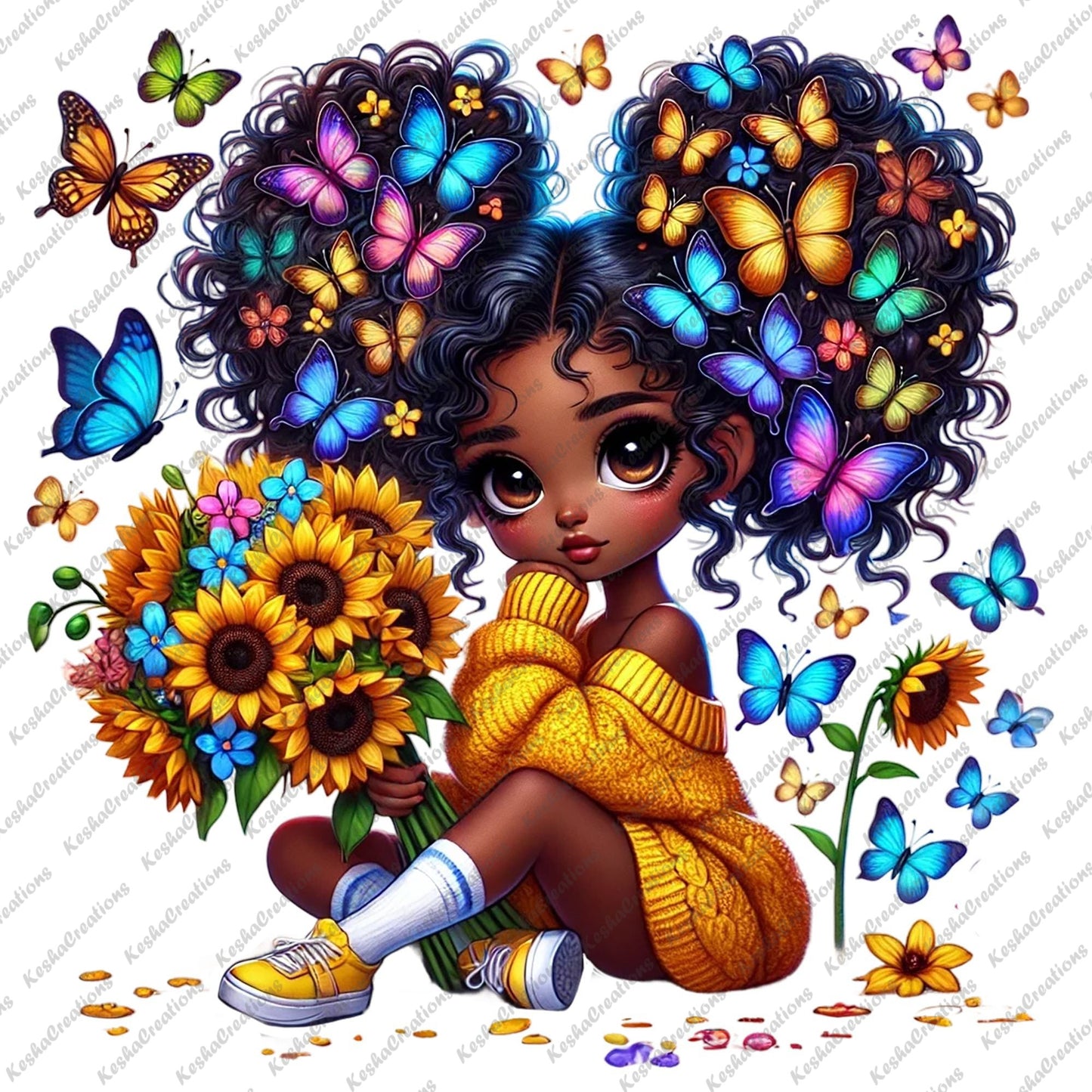 Chibi Black girl with double puff butterfly afro, holding a sunflower bouquet, wearing a yellow sweater, and surrounded by butterflies.