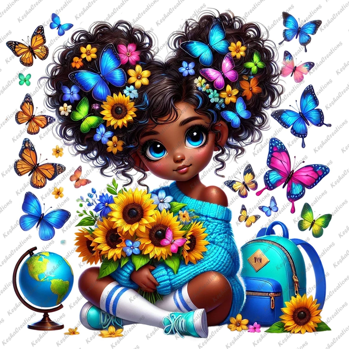 Chibi Black girl with double puff butterfly afro, holding sunflowers, wearing a teal sweater, with a backpack and globe, surrounded by butterflies.