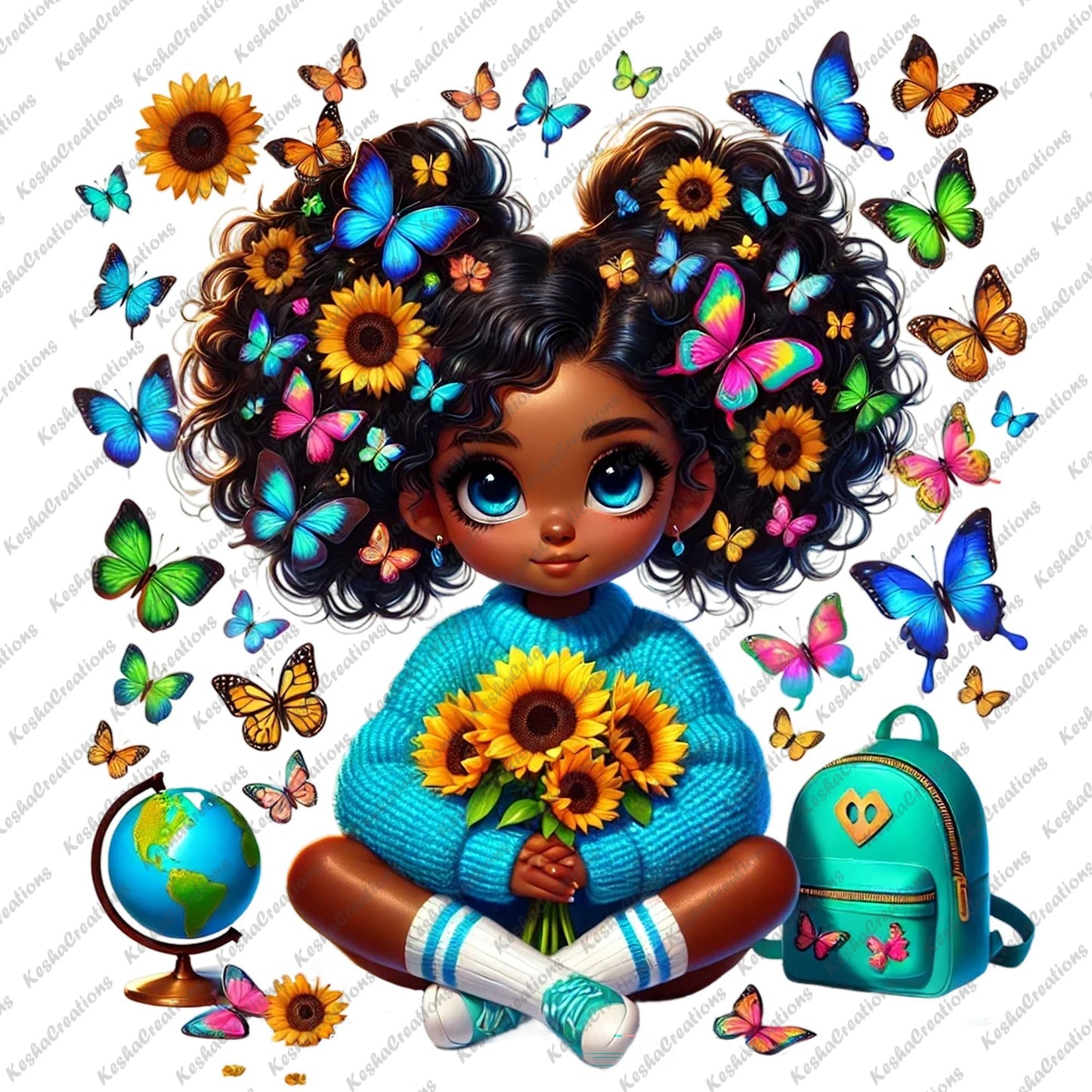 Chibi Black girl with double puff butterfly afro, holding a sunflower bouquet while wearing a teal sweater, surrounded by sunflowers and colorful butterflies, with a globe and a backpack.