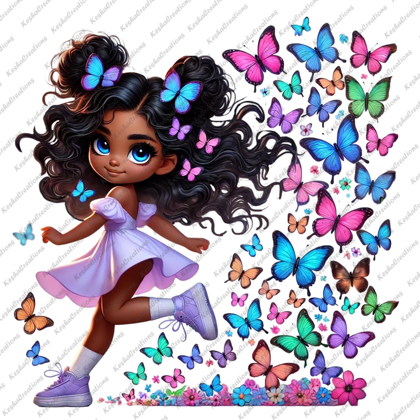 Chibi Black girl in a flowing lavender dress with butterfly afro puffs, dancing among colorful butterflies and pink flowers.