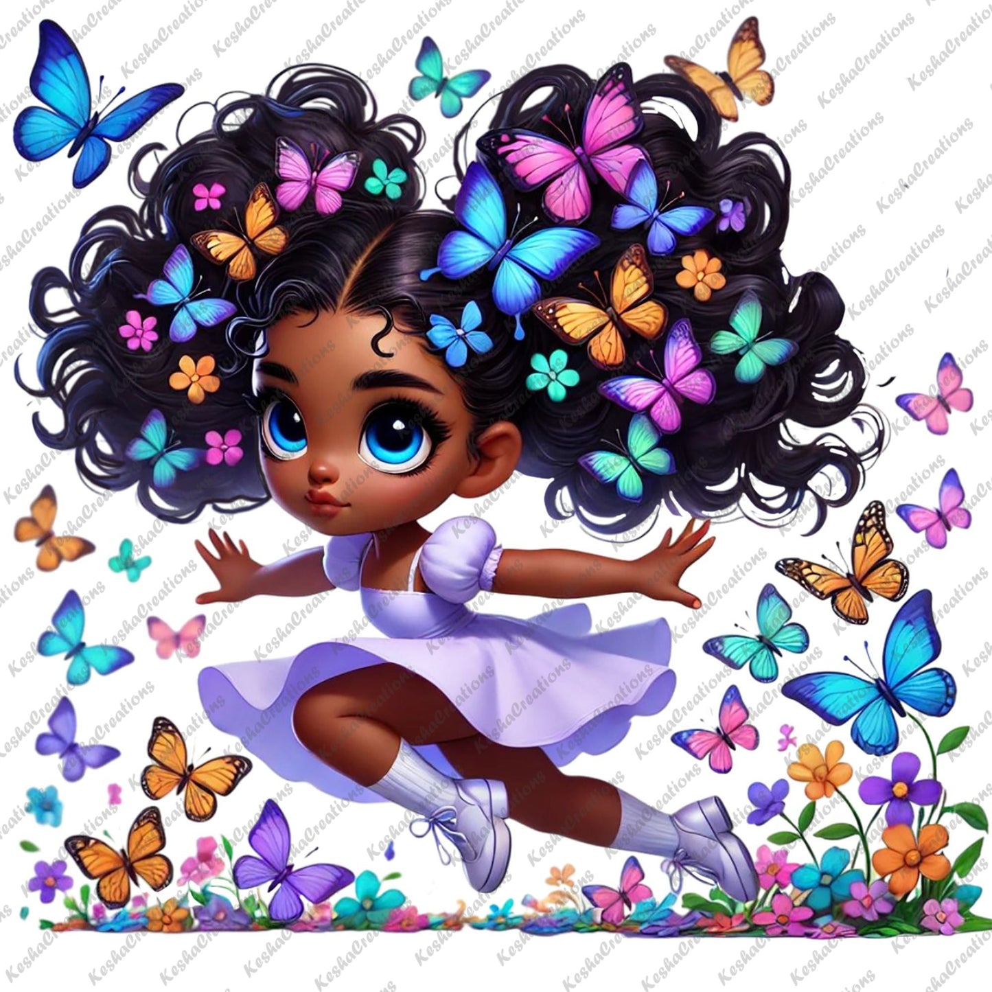 Chibi Black girl with double puff butterfly afro, wearing a lavender dress, playfully surrounded by colorful butterflies and flowers.