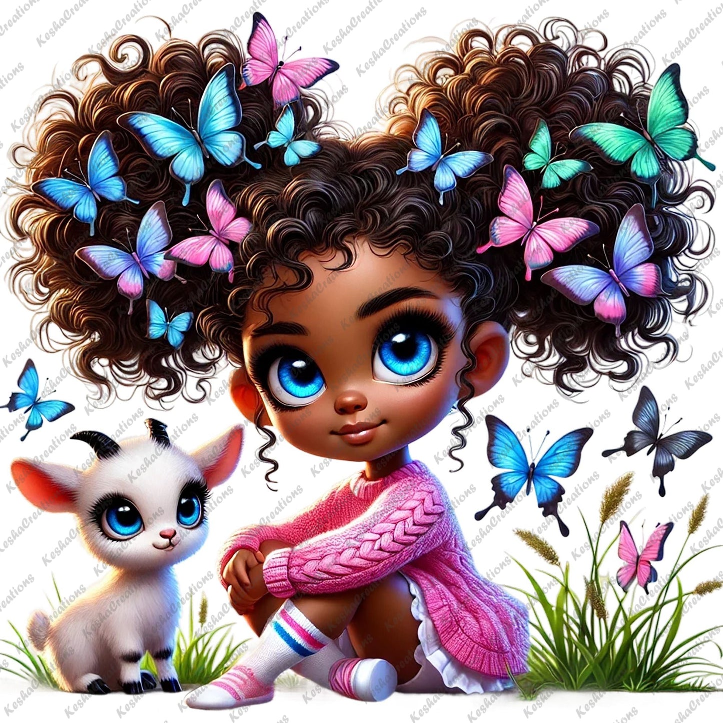 Chibi Black girl with double-puff butterfly afro in a pink sweater, sitting next to a baby goat.