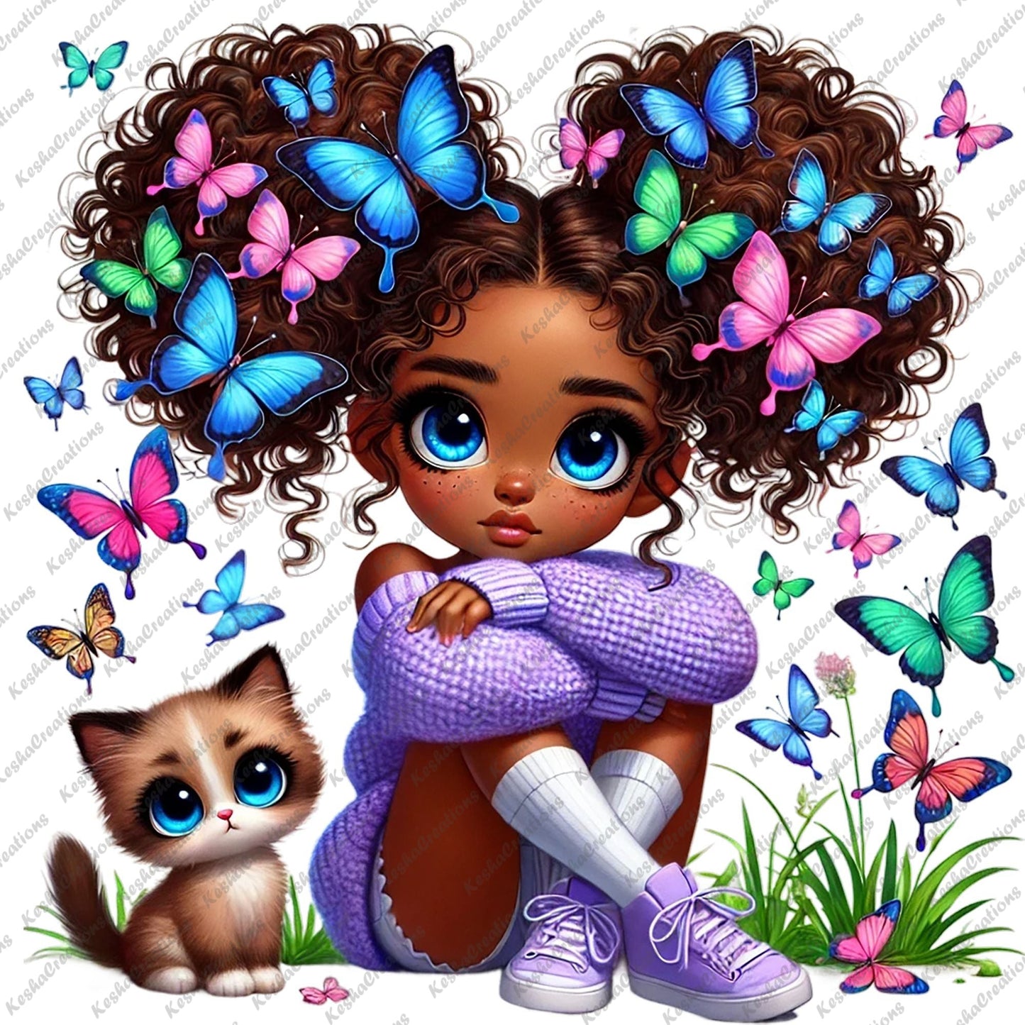 Chibi Black girl with curly butterfly afro in a lilac sweater, sitting beside a fluffy kitten.