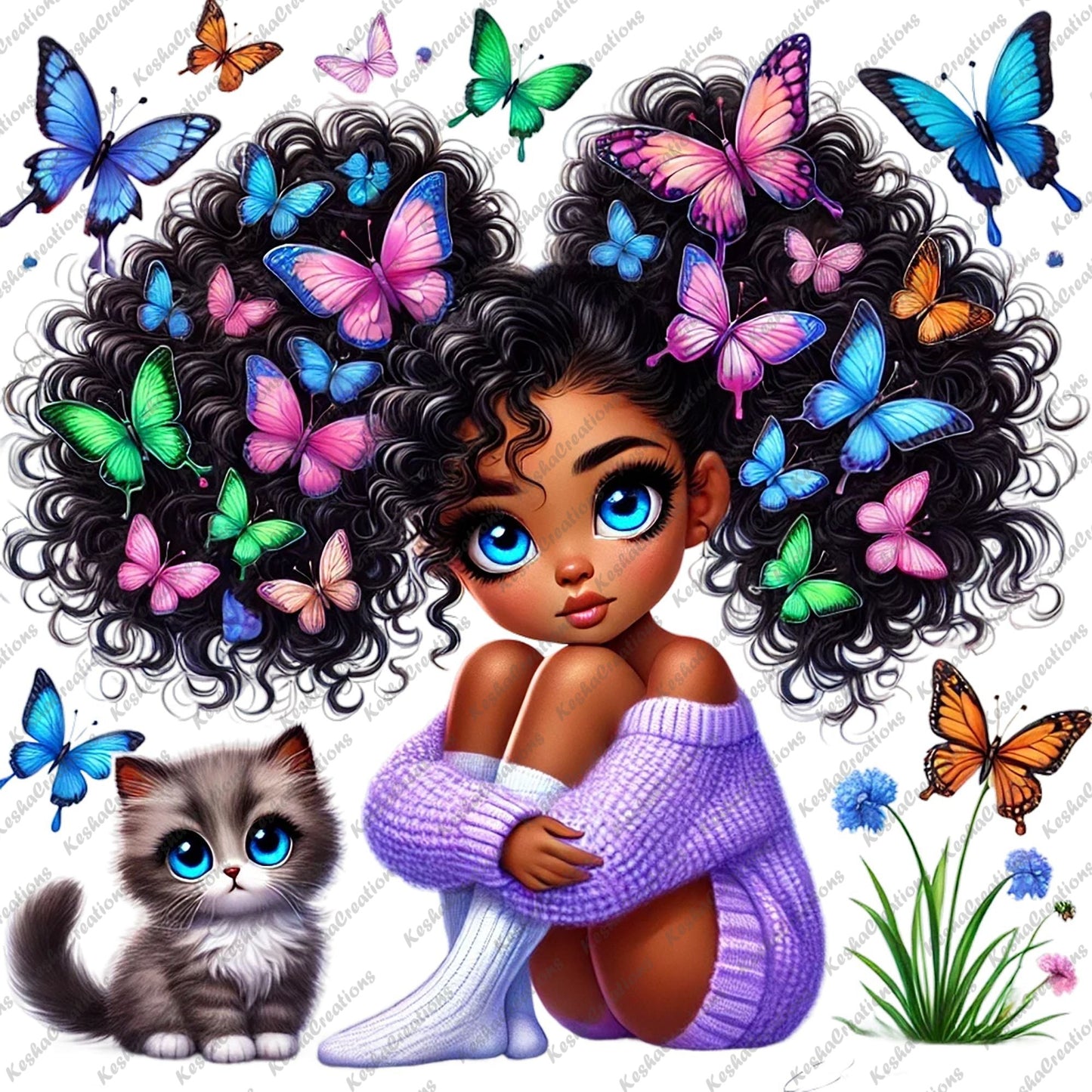 Chibi Black girl with double-puff butterfly afro wearing a purple sweater, sitting next to a kitten.