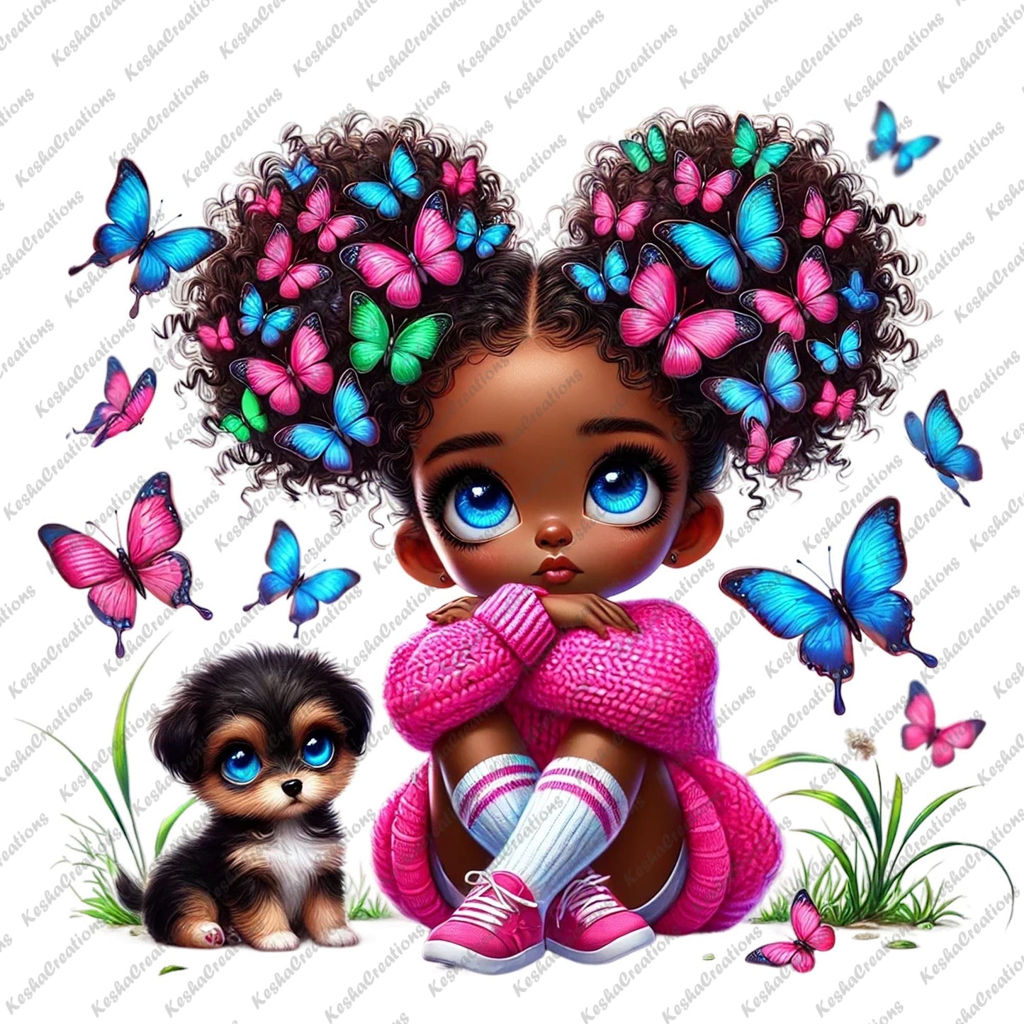 Chibi Black girl with pink butterfly afro puffs in a hot pink sweater, sitting beside a small puppy.