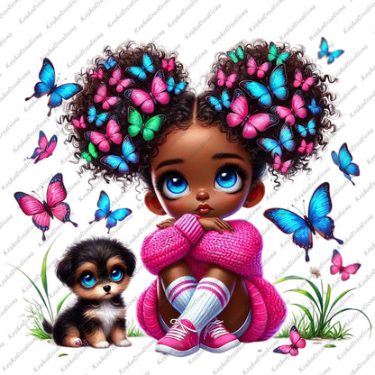 Chibi Black girl with pink butterfly afro puffs in a hot pink sweater, sitting beside a small puppy.